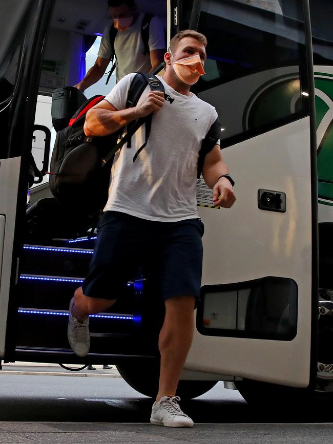 Aaron Finch steps off the Australian team bus in Sydney ahead of the limited-overs series against India. Picture: Toby Zerna