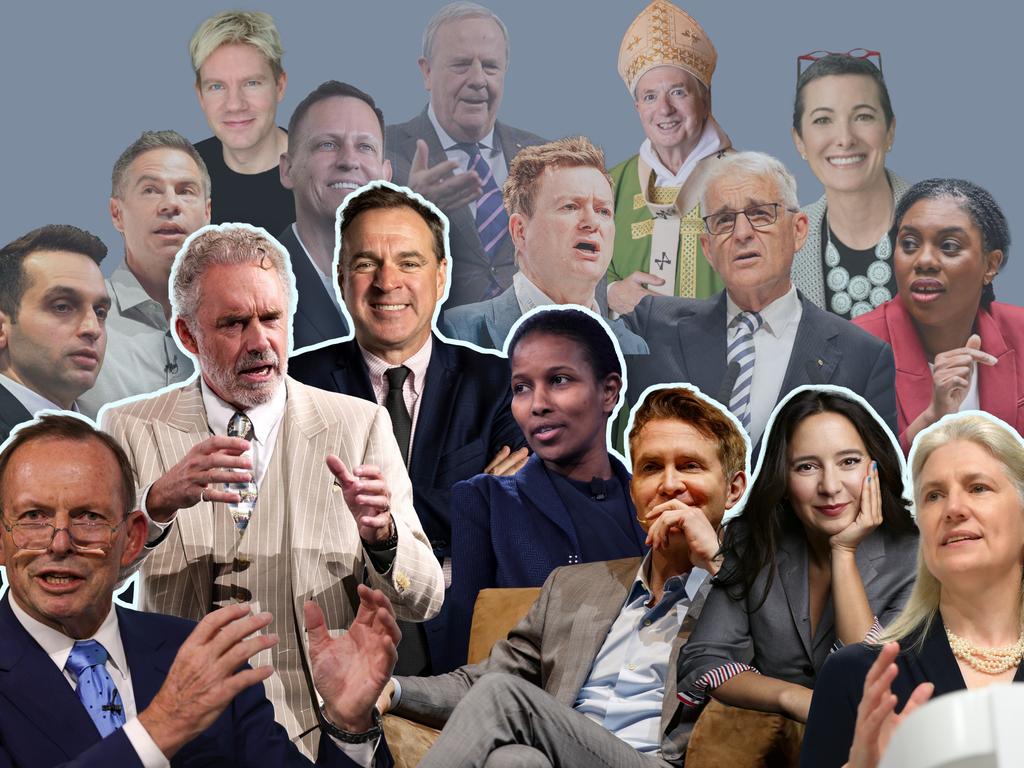 EMBARGOED FOR INQUIRER 22 FEB - 23 FEB. 20 February 2025; A photo comp of ARC speakers Jordan Peterson, Niall Ferguson, Douglas Murray, Philippa Stroud, Mary Harrington, Bari Weiss, Ayaan, Hirsi Ali, Tony Abbott, Kemi Badenoch, John Anderson, Erica Komisar, Kostantin Kisin, Michael Shellenberger, Paul Marshall, Peter Thiel, Peter Costello, Anthony Fisher, Peter Comensoli, Bjorn Lomborg, David Brooks and Katharine Birbalsingh (not all have been included). Artwork. Sources: supplied. Ratio 4:3 for PRINT.