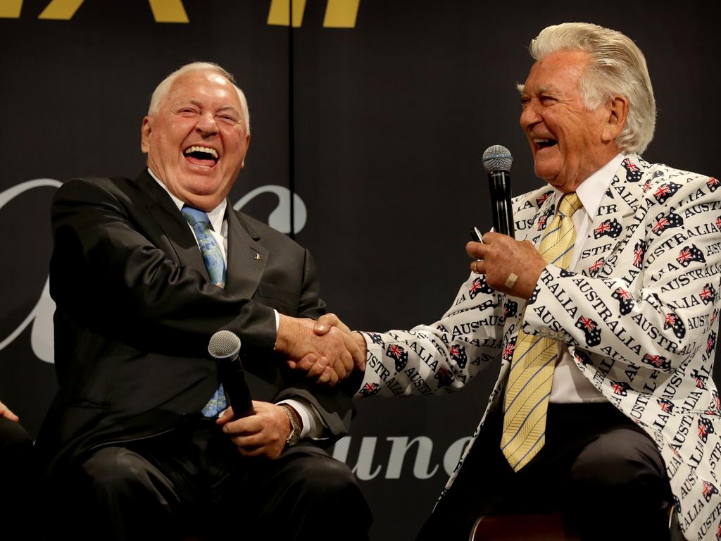 Bob Hawke and Alan Bond pictured during the commemorations of the 30th Anniversary of Australia II’s America’s Cup victory. Burned into Australia’s collective memory on that was the famous line “Any boss who sacks anyone for not turning up today is a bum” Picture Gregg Porteous