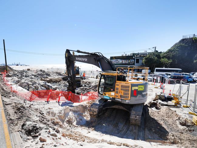 Work on the Currumbin Seawall continues next to  the Currumbin Vikings SLSC. Picture Glenn Hampson