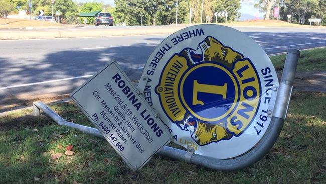 This Robina Lions sign on the corner of Peach and Cheltenham Dr in Robina has been knocked over three times recently, but it's not considered a hotspot. Photo Supplied