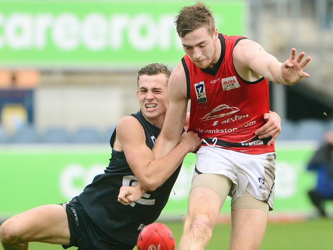 Daylan Kempster leads a race for the ball while playing in the VFL for Frankston. Picture: Carmelo Bazzano