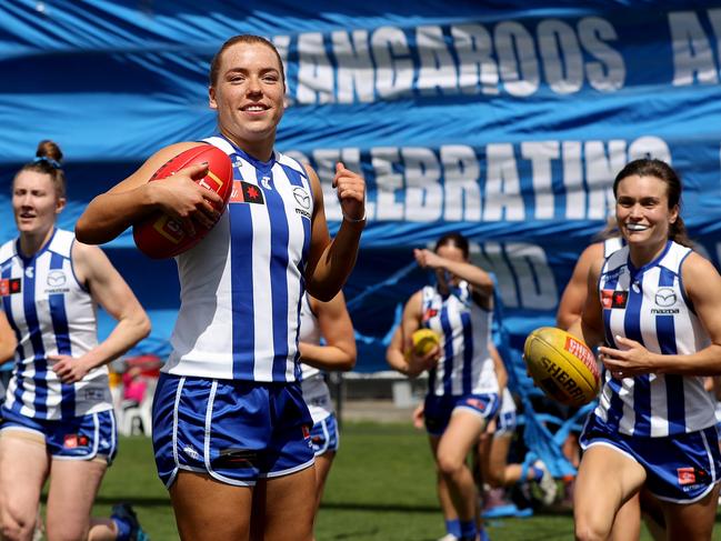 MELBOURNE, AUSTRALIA - OCTOBER 01: Mia King of the Kangaroos runs out before North Melbourne’s clash with GWS last month. (Photo by Kelly Defina/Getty Images)