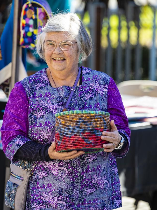 Barbara Walker of Barb's Weaving at the NAIDOC arts and craft market at Grand Central, Saturday, July 9, 2022. Picture: Kevin Farmer