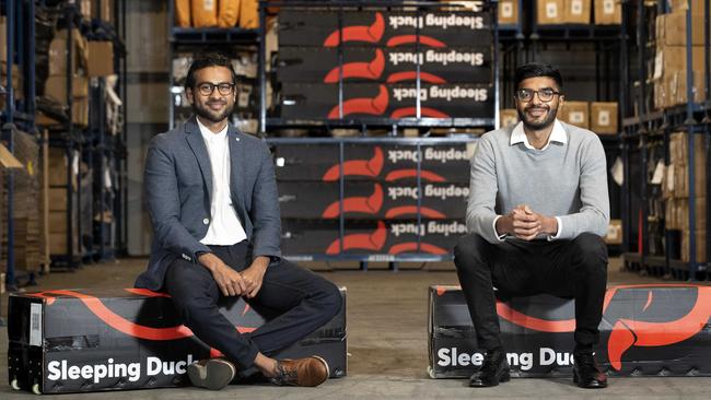 Sleeping Duck founders Winston Wijeyeratne and Selvam Sinnappan at their warehouse in Melbourne. Picture: David Geraghty