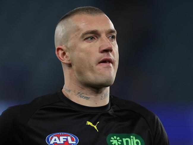 MELBOURNE, AUSTRALIA - AUGUST 03: Dustin Martin of the Tigers warms up before the round 21 AFL match between North Melbourne Kangaroos and Richmond Tigers at Marvel Stadium, on August 03, 2024, in Melbourne, Australia. (Photo by Daniel Pockett/Getty Images)