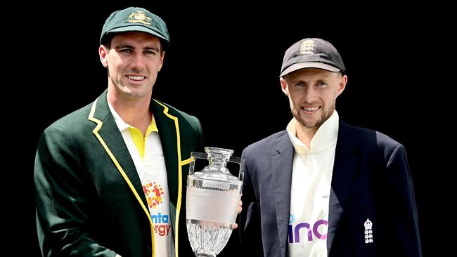 Australian captain Pat Cummins and his English counterpart Joe Root at the Gabba