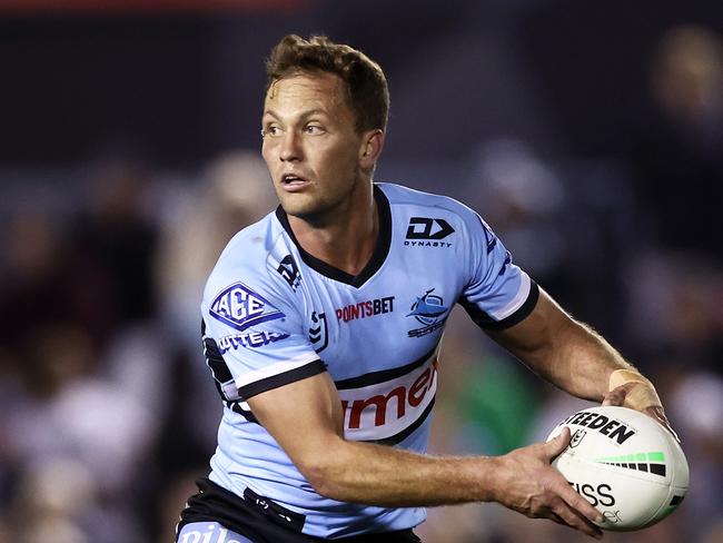 SYDNEY, AUSTRALIA - JULY 30:  Matt Moylan of the Sharks runs with the ball during the round 20 NRL match between the Cronulla Sharks and the South Sydney Rabbitohs at PointsBet Stadium, on July 30, 2022, in Sydney, Australia. (Photo by Matt King/Getty Images)