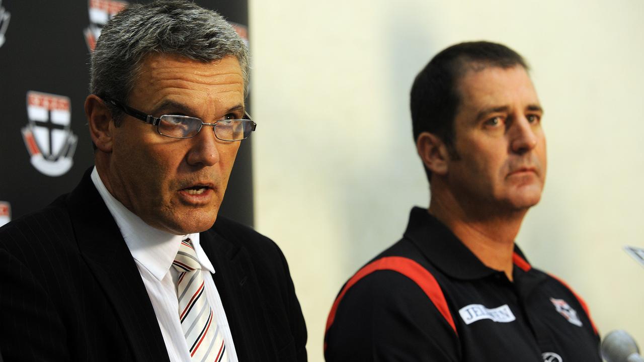 Then St Kilda chief executive Michael Nettlefold with Lyon at a 2010 press conference.