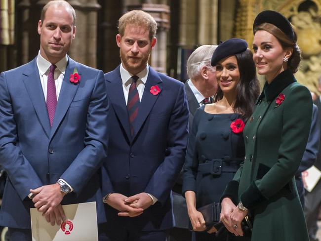 Prince William, Duke of Cambridge and Catherine, Duchess of Cambridge, Prince Harry, Duke of Sussex and Meghan, Duchess of Sussex attend a service marking the centenary of WW1 armistice at Westminster Abbey. Picture: Getty