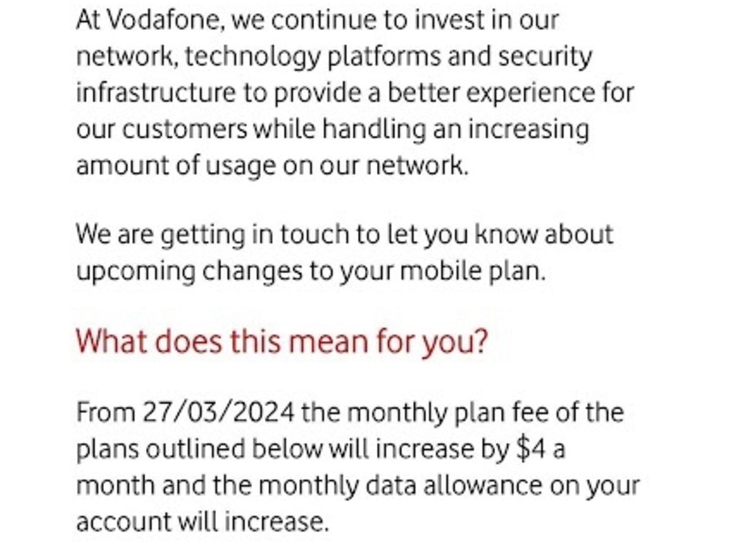Vodafone customers received an email notifying them of an increase to their phone plan on Wednesday afternoon. Picture: Supplied