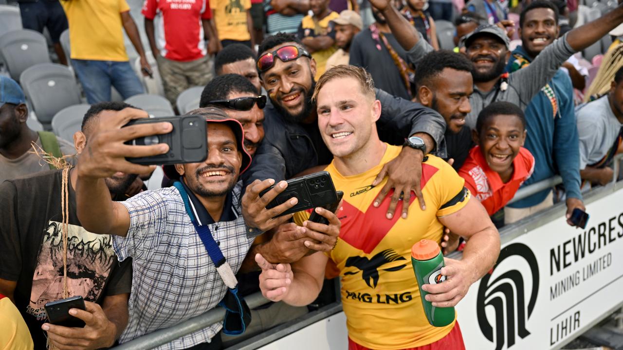 Jack De Belin with fans after Papua New Guinea v Cook Islands NRL game in Port Moresby. Picture: Scott Davis, NRL Imagery