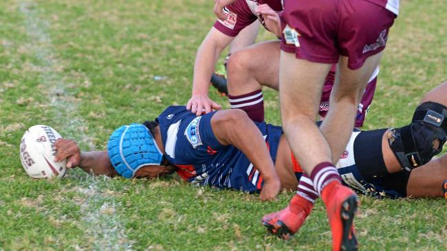 TRYTIME: Centre Joe Fuimaono stretches out to score the winning try for Cowboys A grade against Dalby. Picture: Gerard Walsh