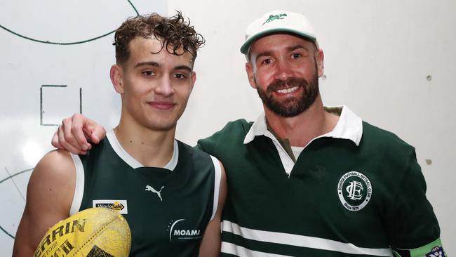 Cody Walker with his father and Echuca coach Andrew Walker. Picture: Yuri Kouzmin