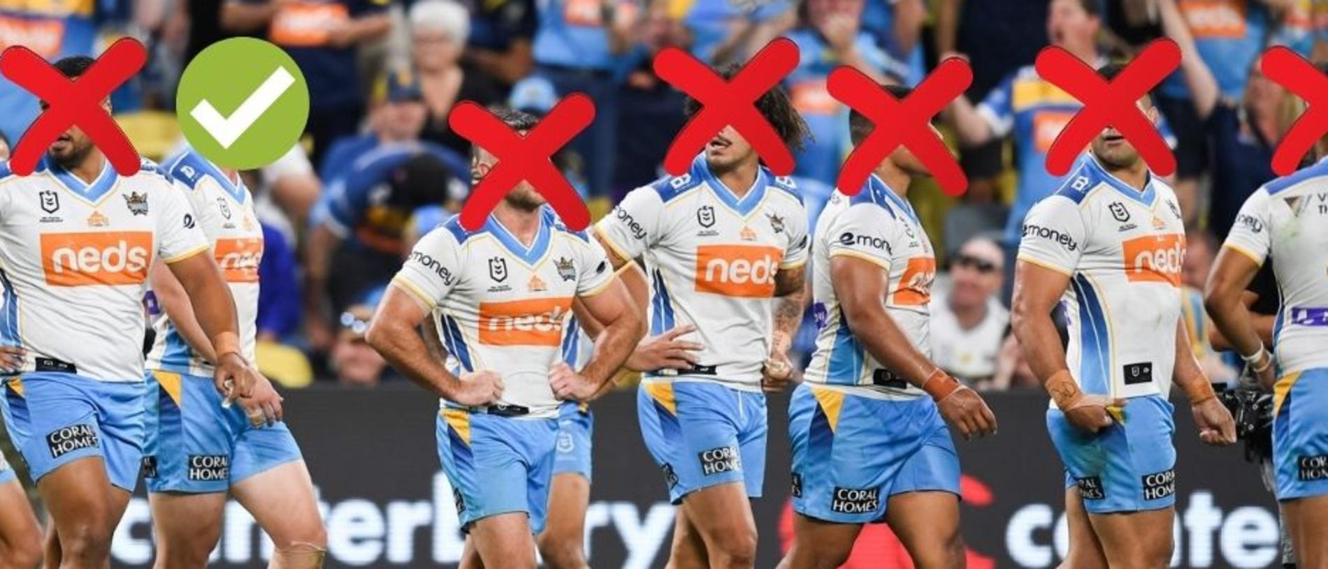 Titans players (L-R) Sam Lisone, Beau Fermor, Mitch Rein (no longer with team), Kevin Proctor, Moeaki Fotuaika, David Fifita and Philip Sami pictured in 2021. Picture: Getty