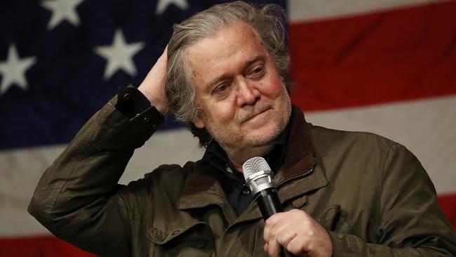 Steve Bannon speaking before introducing former Republican Senatorial candidate Roy Moore during a campaign event at Oak Hollow Farm in Fairhope, Alabama.