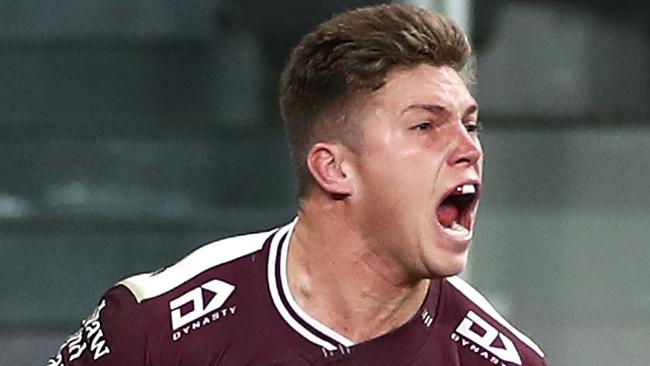 SYDNEY, AUSTRALIA - JUNE 06: Reuben Garrick of the Sea Eagles celebrates scoring the match winning try that was then disallowed following a Sea Eagles forward pass during the round four NRL match between the Parramatta Eels and the Manly Sea Eagles at Bankwest Stadium on June 06, 2020 in Sydney, Australia. (Photo by Cameron Spencer/Getty Images)