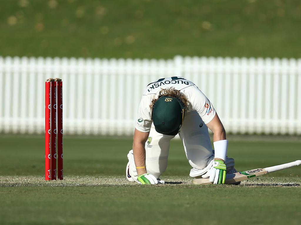 Pucovski reacts after being hit on the helmet while playing for Australia A. Picture: Getty