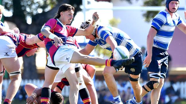 BSHS player Tobias Riley under pressure from Nudgee College. Picture, John Gass