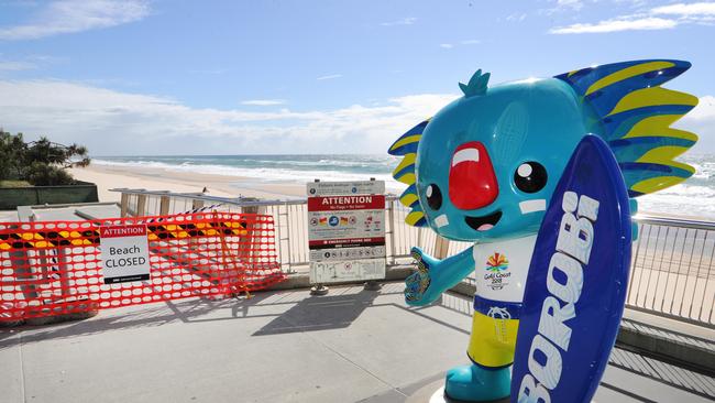 Two years on from the games, Surfers Paradise beach has been closed due to the COVID-19 pandemic. Picture: Glenn Hampson