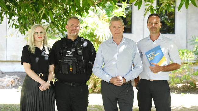 Kristy Lindley and Tim Lindley from Vigilant Security and Investigations, Tim Nicholls, Shadow Minister for Justice and Adam Baillie, LNP candidate for Townsville. Picture: Shae Beplate.