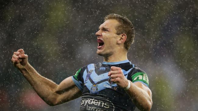 PERTH, AUSTRALIA – JUNE 23: Tom Trbojevic of the Blues celebrates a try during game two of the 2019 State of Origin series between the New South Wales Blues and the Queensland Maroons at Optus Stadium on June 23, 2019 in Perth, Australia. (Photo by Will Russell/Getty Images)