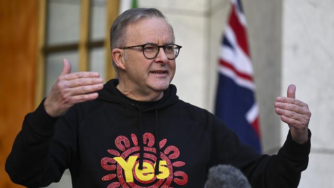 Prime Minister Anthony Albanese dons a Yes hoodie at Parliament this week. Picture: NCA NewsWire / Martin Ollman