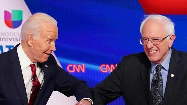 Biden (left) during the primary debates against Bernie Sanders. Picture: Mandel Ngan/AFP