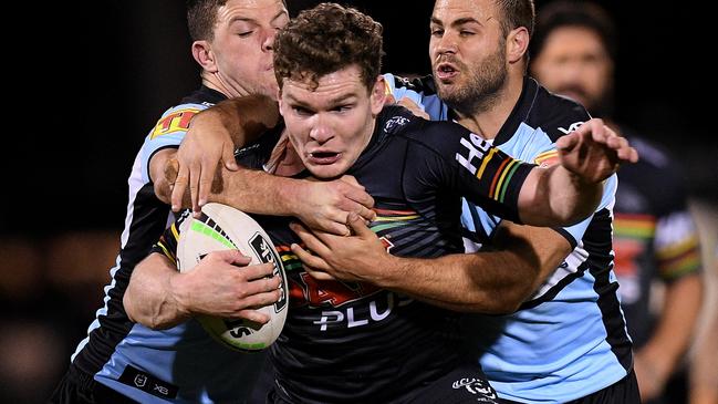 Liam Martin on the charge for the Panthers. Picture: Dan Himbrechts/AAP