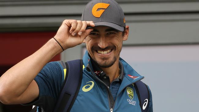 Mitchell Starc wears his GWS Giants cap before play on day four. Picture: Getty Images