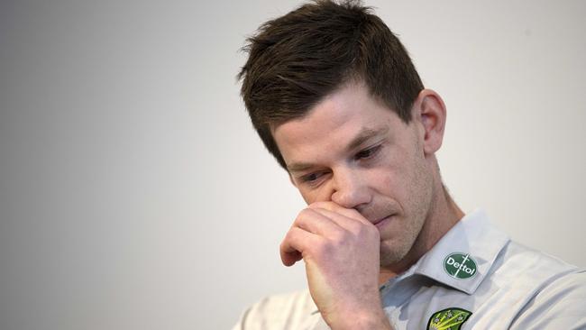 Tim Paine during his resignation announcement in November. Picture: Chris Kidd