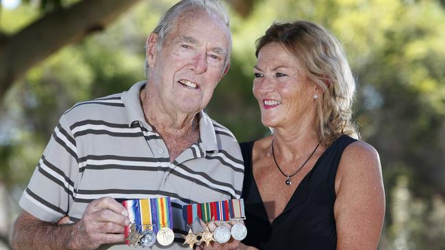 Alex Wright (90yrs) will make the journey to Gallipoli this year to mark the 100th anniversary, with his daughter Trish Milner. Not only did Alex serve in the RAF in WWII, but his dad actually served at Gallipoli. [PIC] Alex & Trish with his dad's war medals in his right hand, and his in his left. NB- daughter would prefer the name Trish published (her name is Mary-Patricia but everyone calls her Trish). pic by Bianca De Marchi- 26.2.15