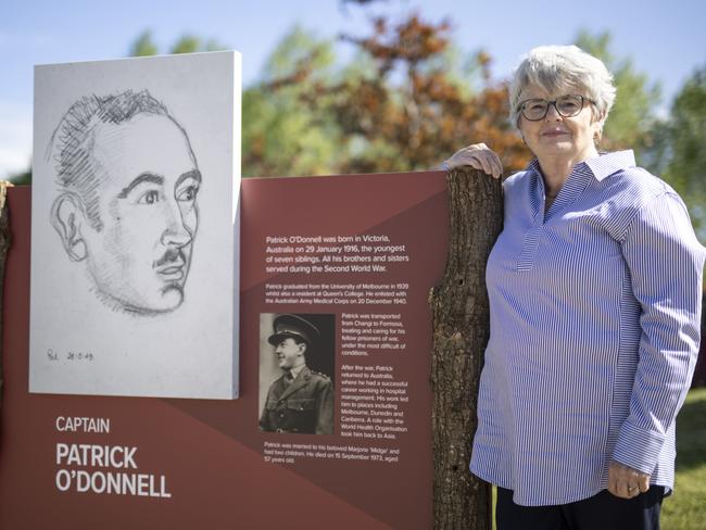 Image Â©Licensed to Parsons Media. 03/05/2025. Staffordshire, United Kingdom. Sally O'Donnell Portraits. Portrait of Sally O'Donnell at the National Memorial Arboretum. Her father Patrick OÃDonnell is featured in an exhibition of sketches taken in various Japanese POW camps.  Picture by Ryan Jenkinson / Parsons Media