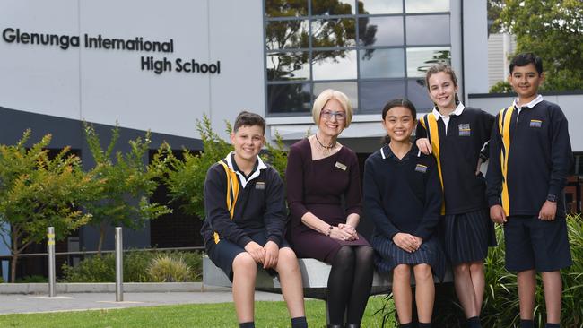 Glenunga International High School Principal Wendy Johnson with Year 7 students (from left) Angelo Penna, 12, Cynthia Gunawan, 13, Sophia Skoumbros, 12 and Abuzar Merchant, 13. Picture: Keryn Stevens