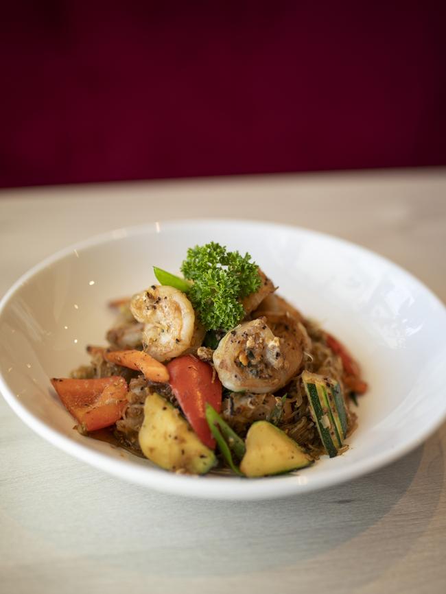 Vanidol’s prawn and vegetable stir-fry with glass noodles.