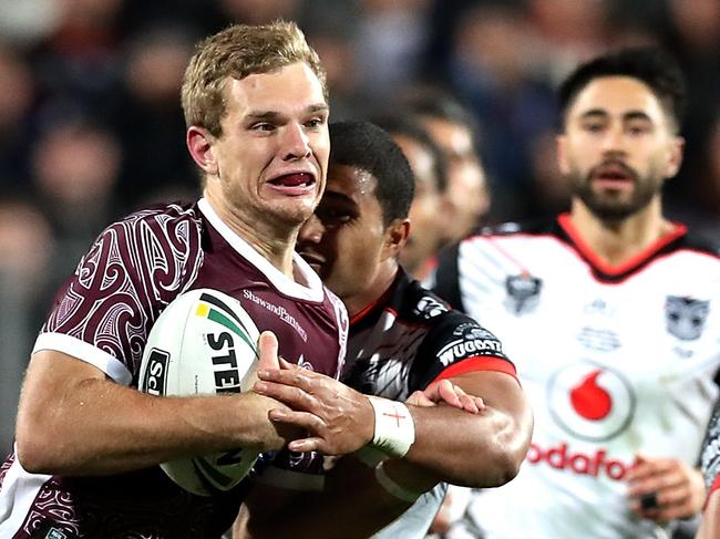 Tom Trbojevic of the Sea Eagles runs through a tackle during the Round 14 NRL match between the Manly-Warringah Sea Eagles and the Warriors at AMI Stadium in Christchurch, New Zealand, Saturday, June 9, 2018. (AAP Image/SNPA, Martin Hunter) NO ARCHIVING, EDITORIAL USE ONLY