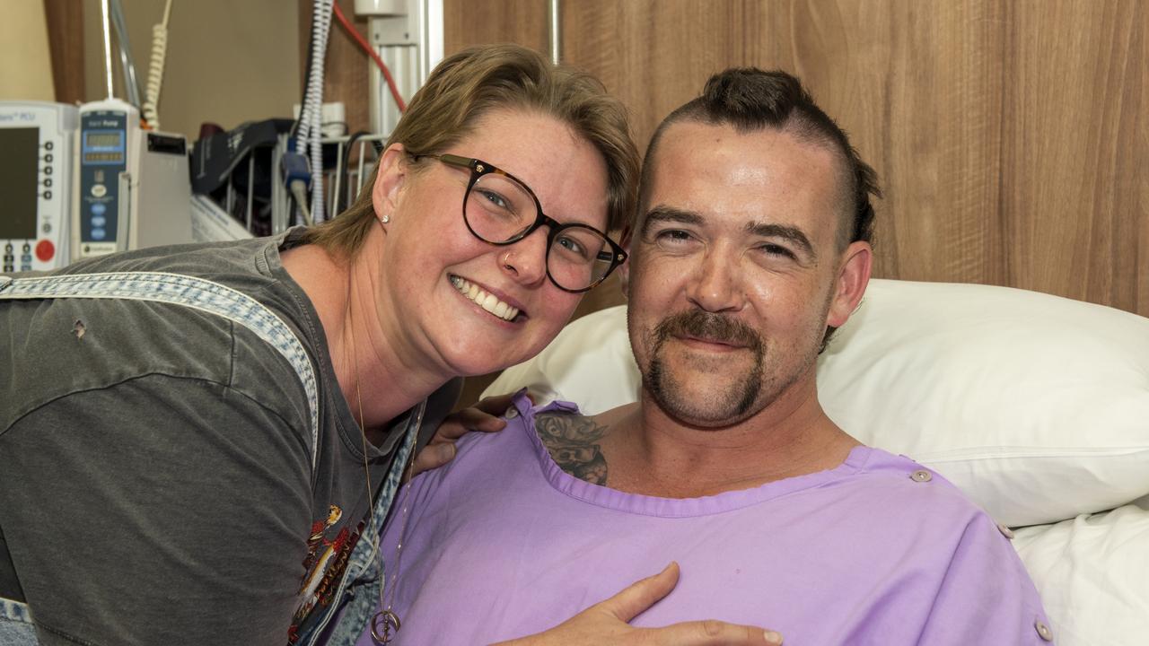 Gillian Price with her husband, Middlemount miner Todd Price, after a shark attack in the Whitsundays. Picture: Michaela Harlow