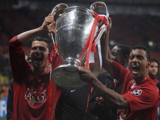 Cristiano Ronaldo (L) after winning the Champions League with Manchester United.