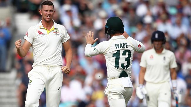 Josh Hazlewood celebrates the wicket of Rory Burns before it was overturned. Picture: Getty Images