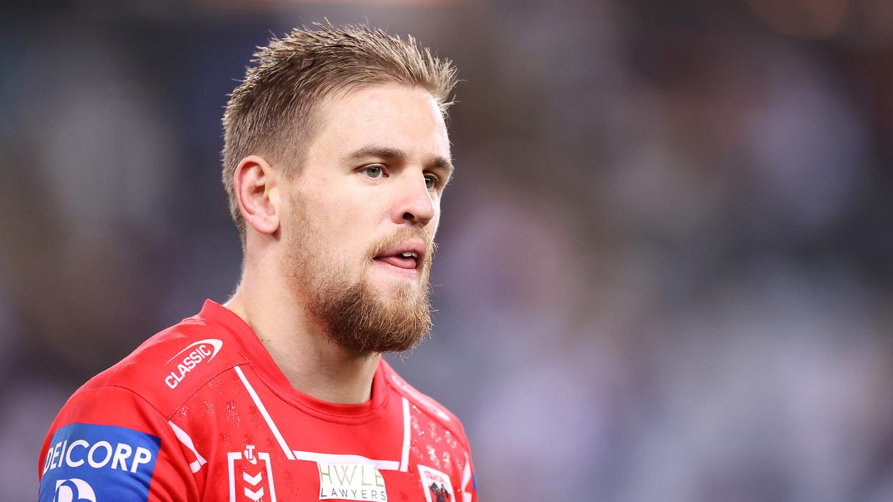 SYDNEY, AUSTRALIA - JUNE 14: Matthew Dufty of the Dragons looks dejected after defeat during the round 14 NRL match between the Canterbury Bulldogs and the St George Illawarra Dragons at Stadium Australia, on June 14, 2021, in Sydney, Australia. (Photo by Mark Kolbe/Getty Images)