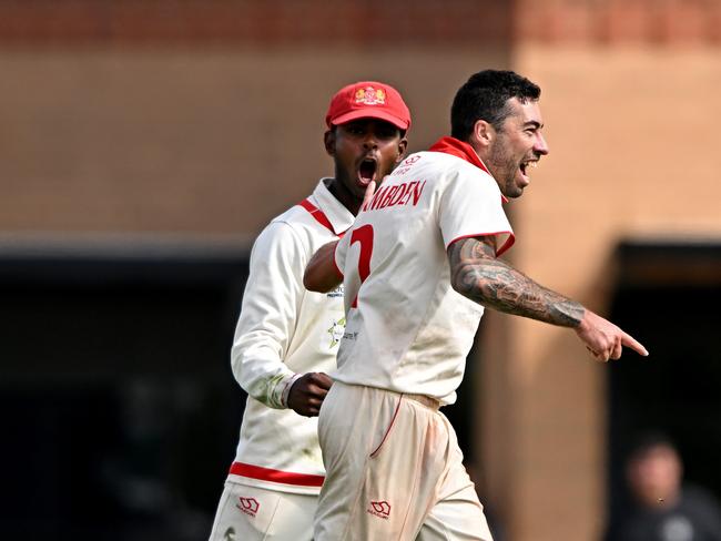 Casey South MelbourneÃs Nathan Lambden celebrates the wicket of CarltonÃs Michael Archer during the Victorian Premier Cricket match between Carlton and Casey South Melbourne in Essendon, Saturday, March 23, 2024. Picture: Andy Brownbil