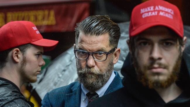 Gavin McInnes, centre, takes part in an alt right protest in New York. Pic: AFP