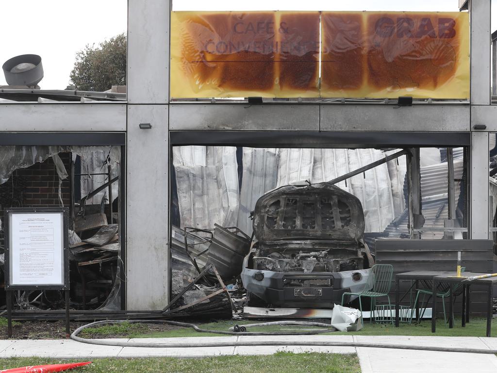 The car believed to have rammed the building remained inside. Picture: David Crosling