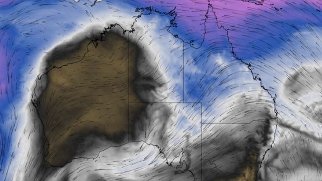 Modelled precipitable water and 850hPa wind, showing north-easterly wind carrying moisture-laden air from Australia’s northeast tropics towards South Australia.