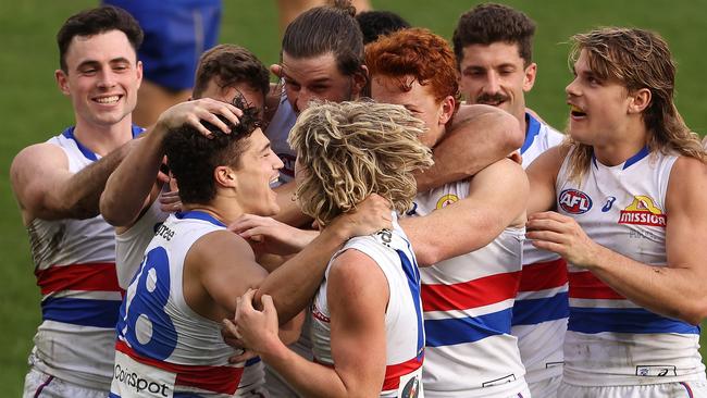 A first-ever goal to Riley Garcia sent the Bulldogs into rapture. Picture: Getty Images