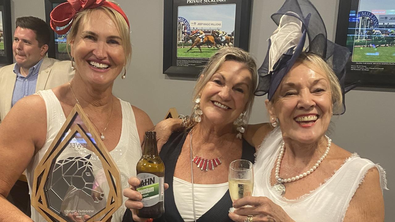 Hearts are Better co-owners Michelle Wilson, Tracey Hutchinson and Joanie Foster celebrate at the Gold Coast Turf Club on Saturday.