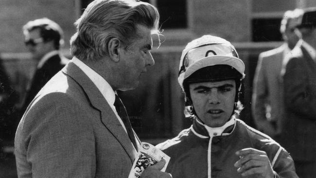 Bart Cummings with jockey Darren Gauci in 1986.