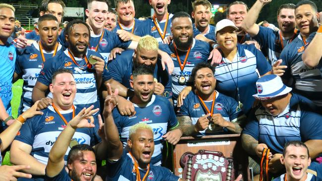 Casuarina Cougars celebrating their back-to-back NTRU A-grade Premiership win. Picture: Darcy Jennings.