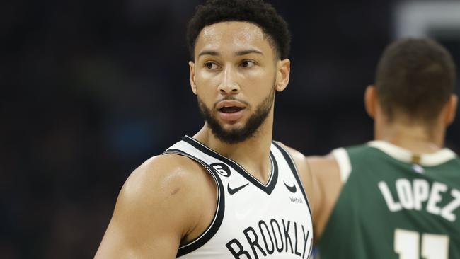 MILWAUKEE, WISCONSIN - OCTOBER 26: Ben Simmons #10 of the Brooklyn Nets reacts after being called for a technical foul during the first half of the game against the Brooklyn Nets at Fiserv Forum on October 26, 2022 in Milwaukee, Wisconsin. NOTE TO USER: User expressly acknowledges and agrees that, by downloading and or using this photograph, User is consenting to the terms and conditions of the Getty Images License Agreement.   John Fisher/Getty Images/AFP