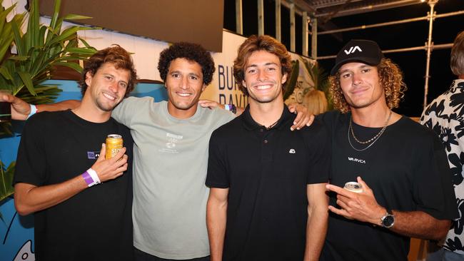 Eliot Napias, Thomas Maallem, Marco Mignot and Henere Harrys at the WSL Gold Coast Pro 2025 after party at Burleigh Pavilion for Gold Coast at Large. Picture, Portia Large.